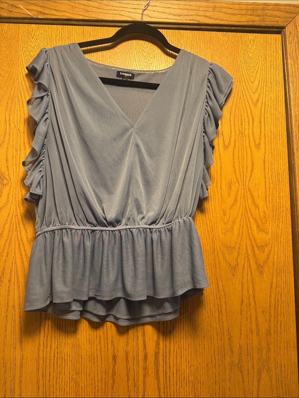 Express Dusty Blue Ruffle Sleeve V-Neck Peplum Blouse
